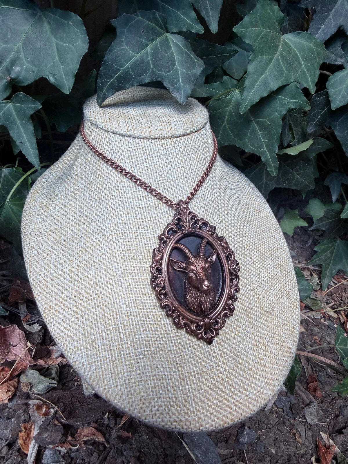 Goat Taxidermy Portrait Necklace • Electroformed Copper • Ornate Gothic Oddity Pendant