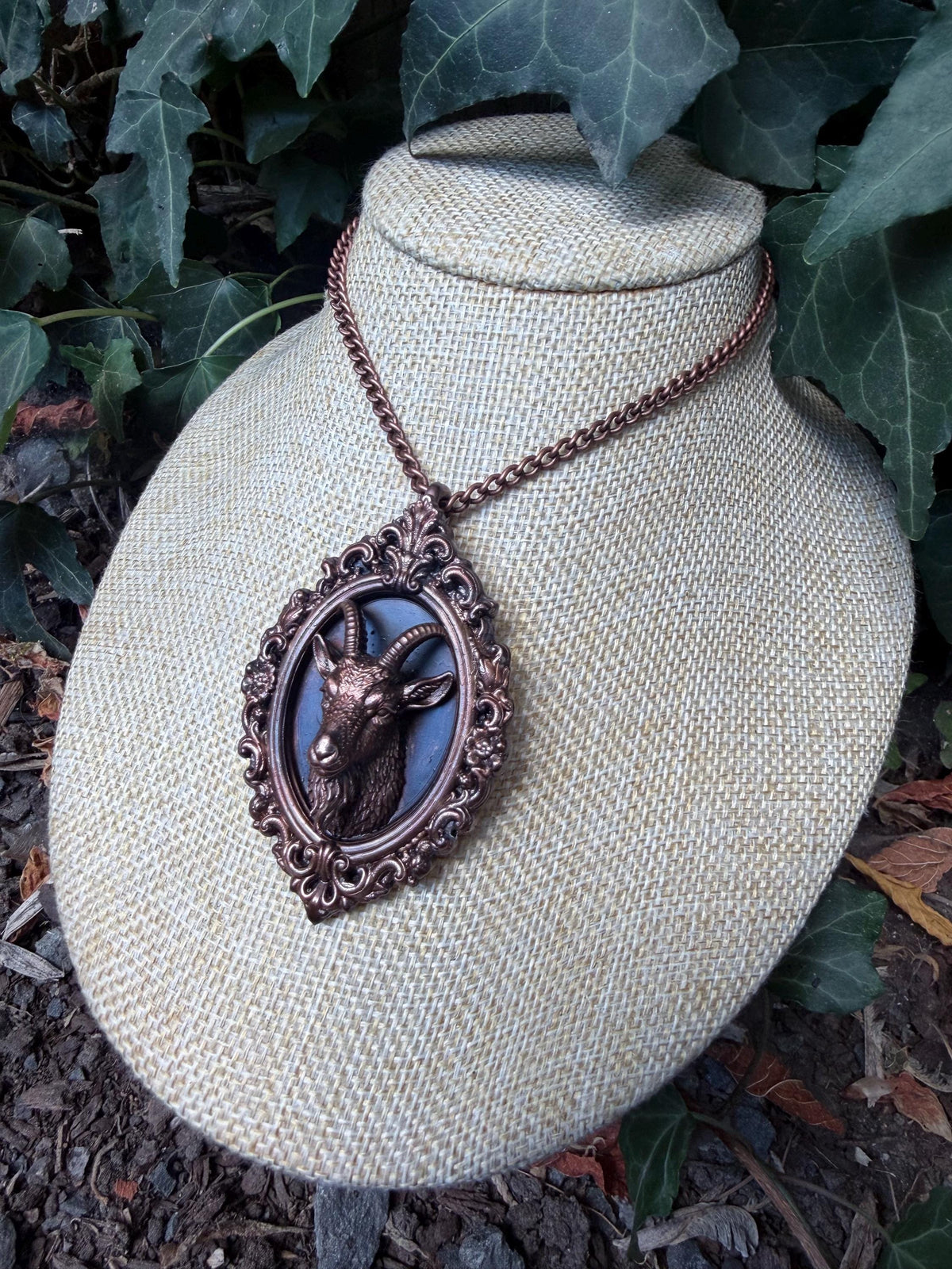 Goat Taxidermy Portrait Necklace • Electroformed Copper • Ornate Gothic Oddity Pendant