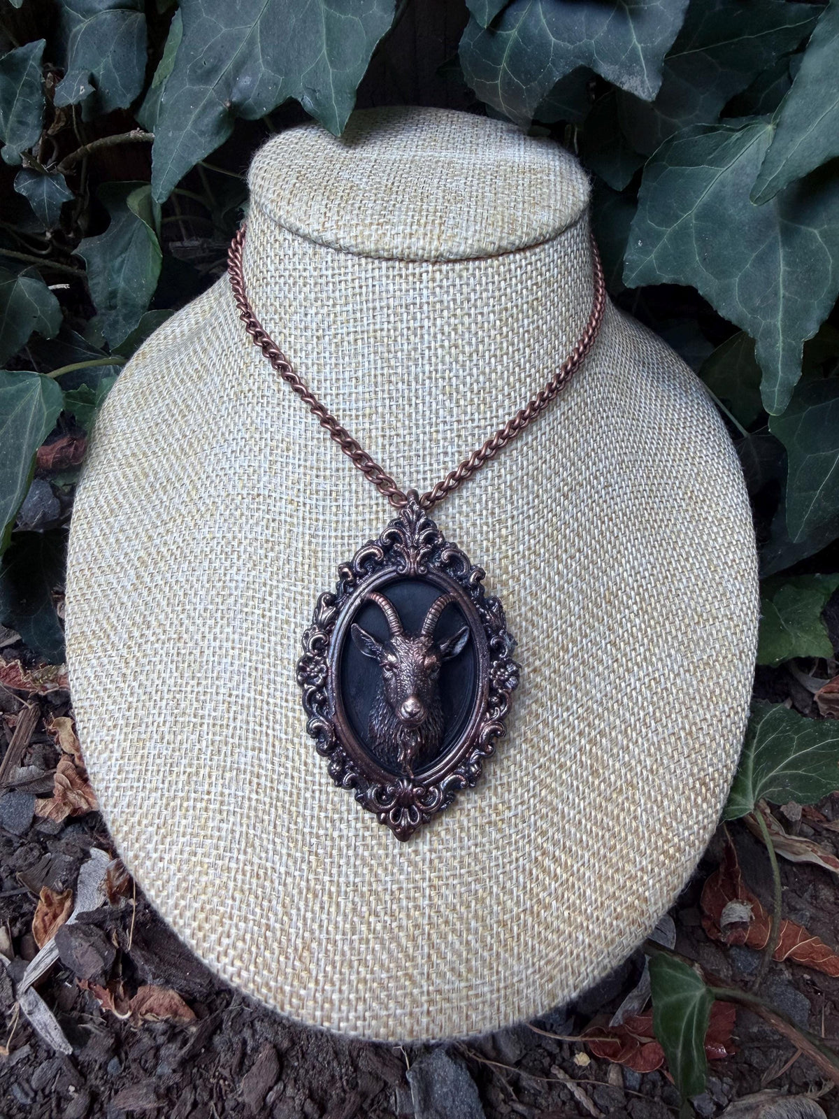 Mini Goat Taxidermy Necklace • Electroformed Copper • Gothic Oddity Portrait Pendant