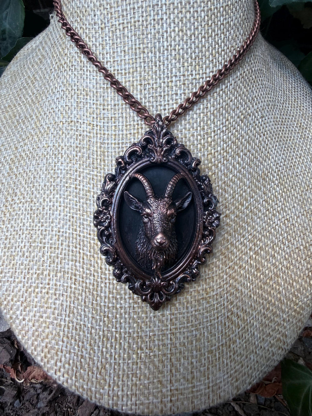 Mini Goat Taxidermy Necklace • Electroformed Copper • Gothic Oddity Portrait Pendant