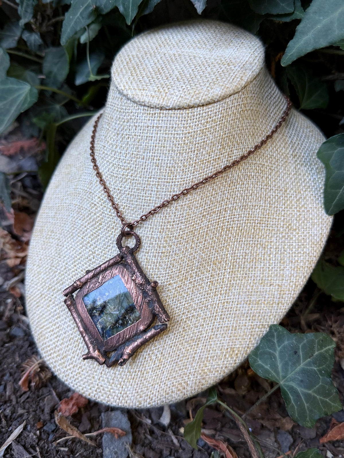 Labradorite Twig Pendant • Electroformed Copper • Handmade Necklace