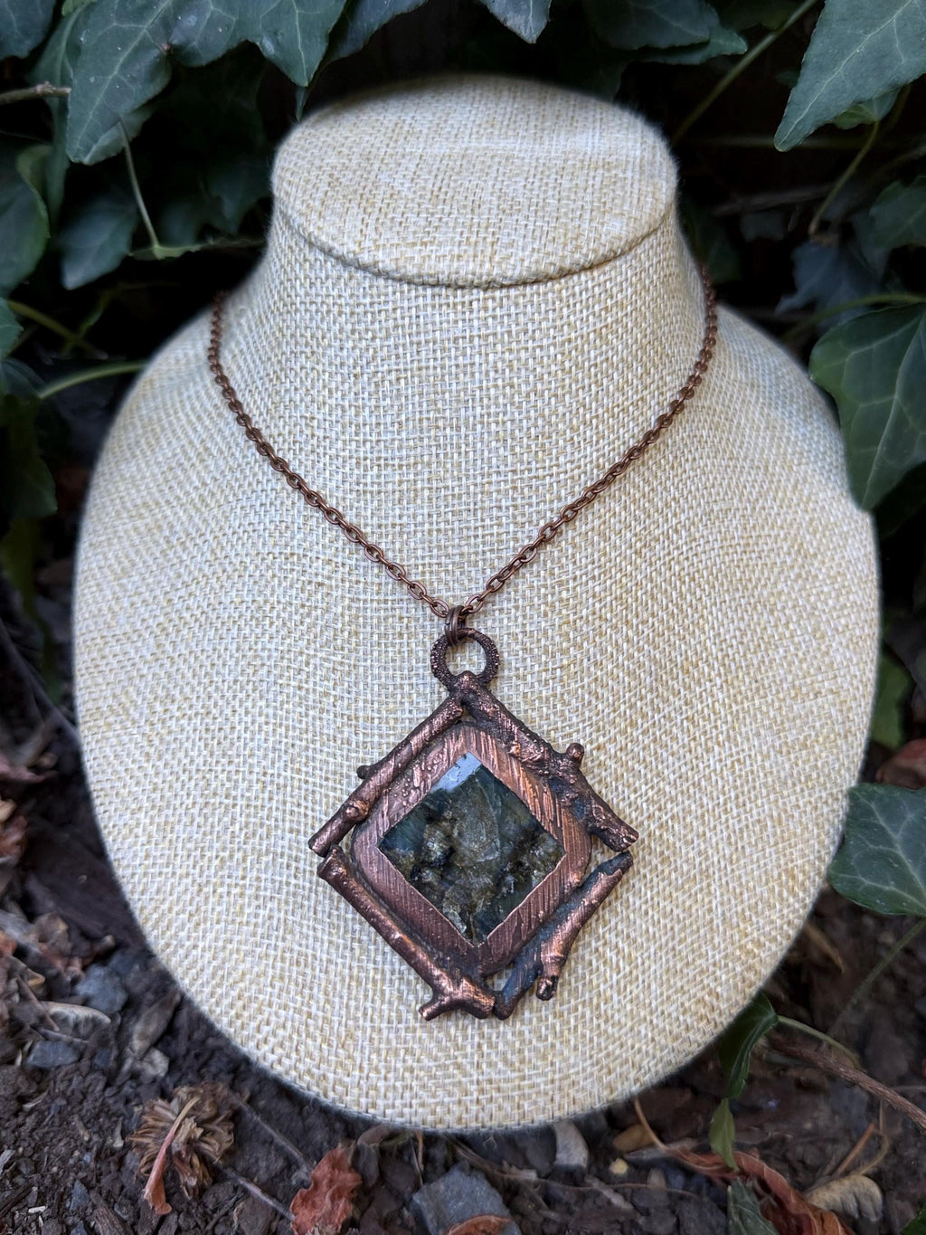 Labradorite Twig Pendant • Electroformed Copper • Handmade Necklace