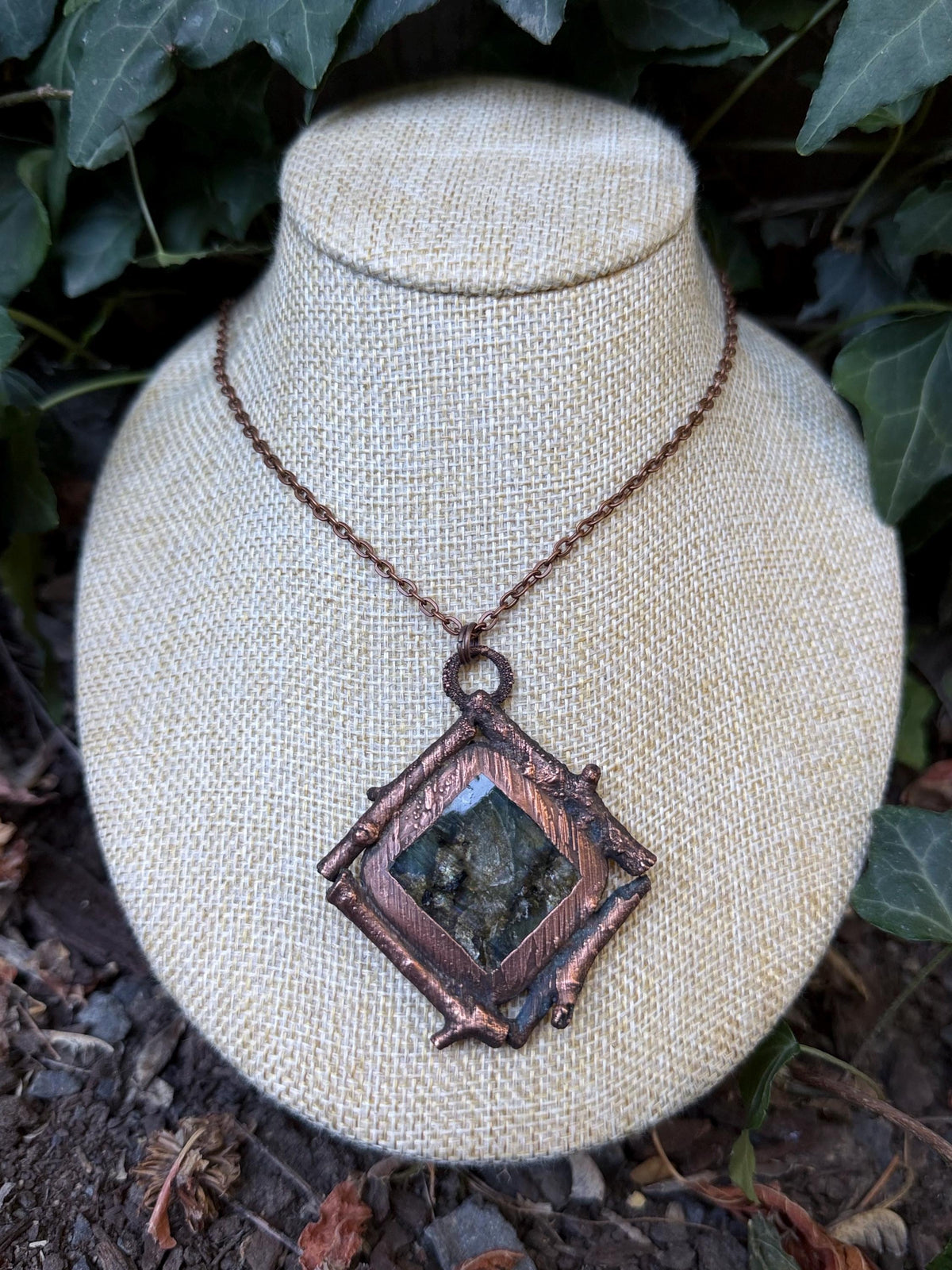 Labradorite Twig Pendant • Electroformed Copper • Handmade Necklace