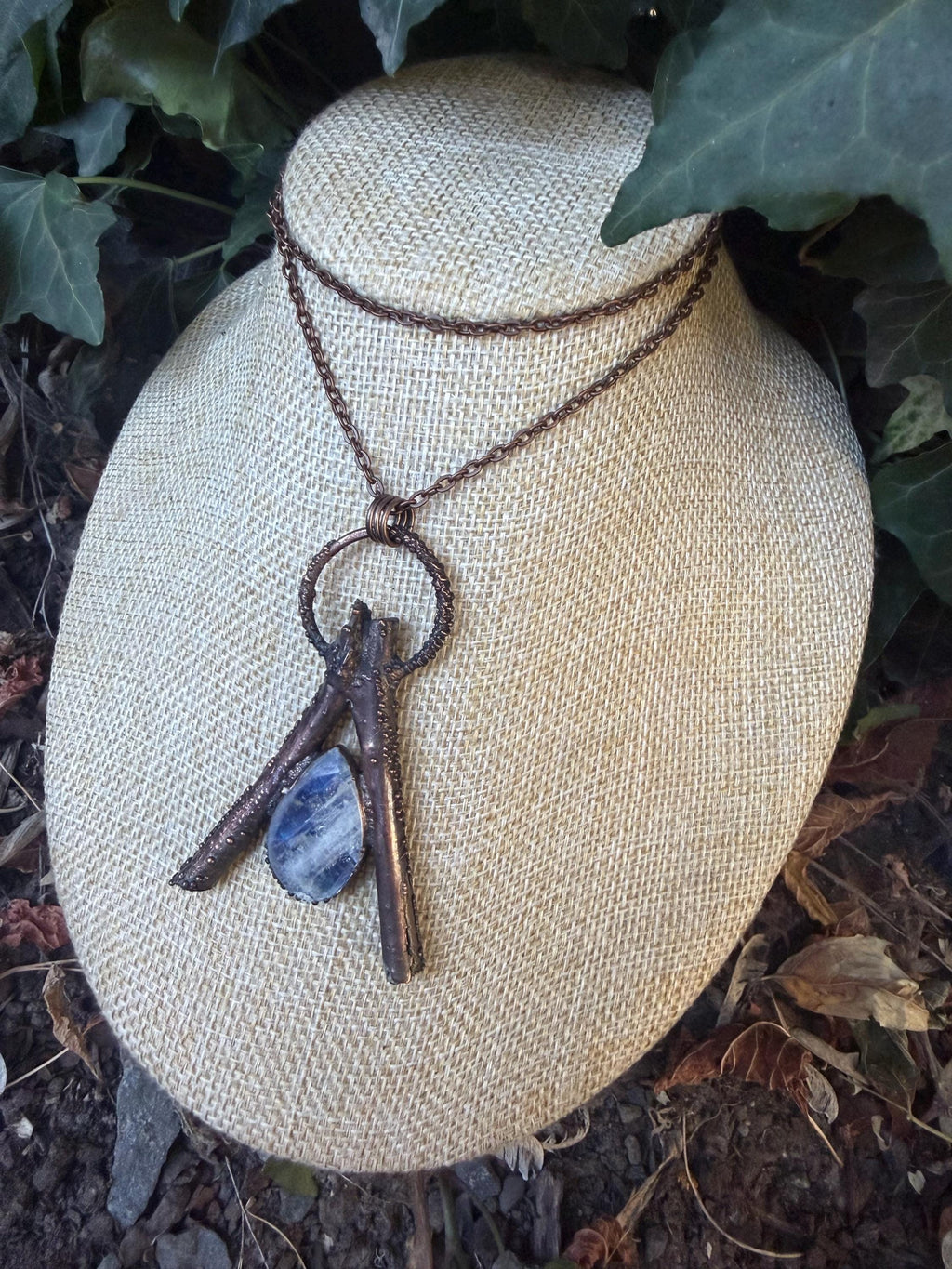 Moonstone Wishbone Necklace • Electroformed Copper Twigs Pendant • Gothic Oddity Jewelry