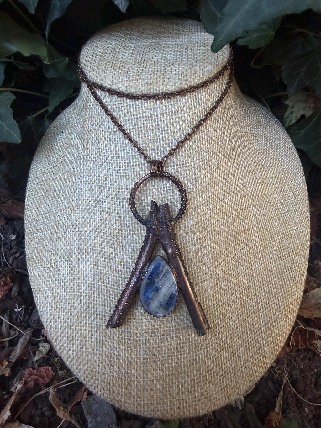 Moonstone Wishbone Necklace • Electroformed Copper Twigs Pendant • Gothic Oddity Jewelry