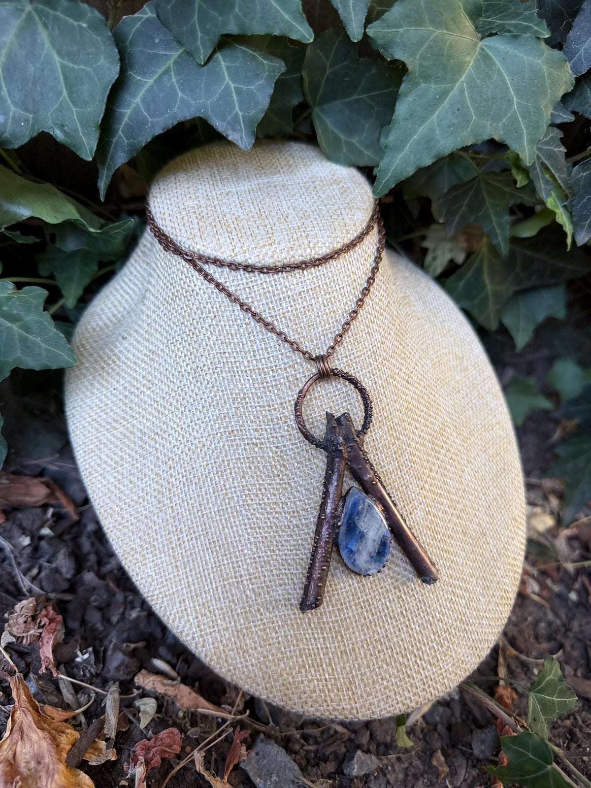 Moonstone Wishbone Necklace • Electroformed Copper Twigs Pendant • Gothic Oddity Jewelry