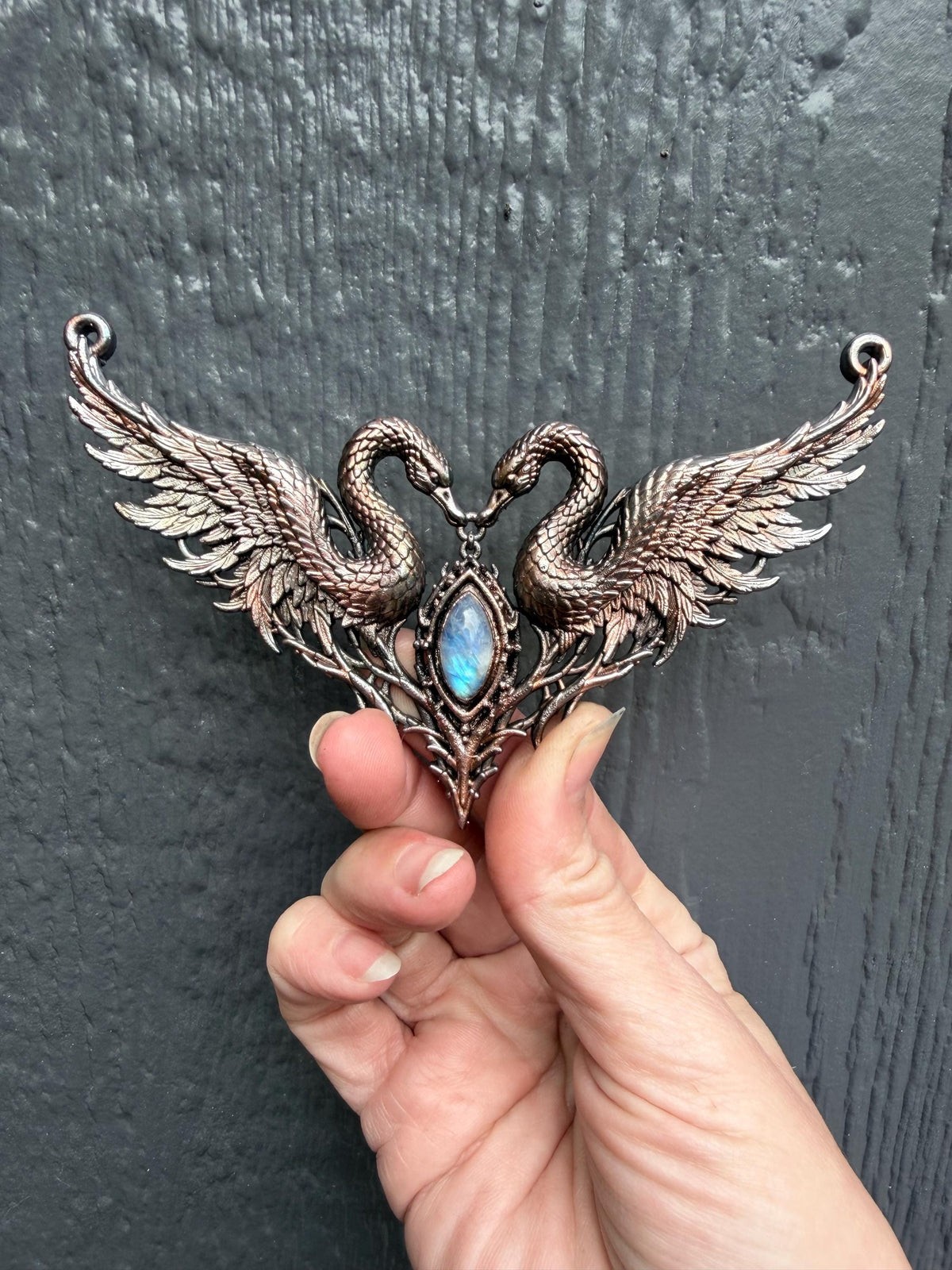 Twin Swan Collar Necklace • Rainbow Moonstone • Electroformed Copper Statement Necklace