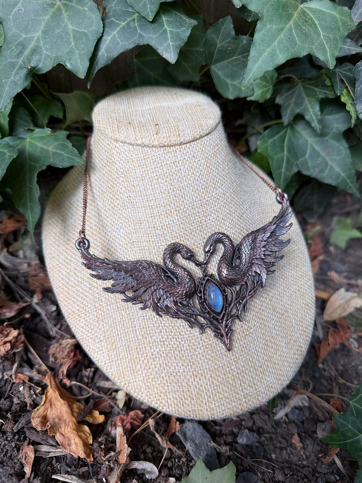 Twin Swan Collar Necklace • Rainbow Moonstone • Electroformed Copper Statement Necklace