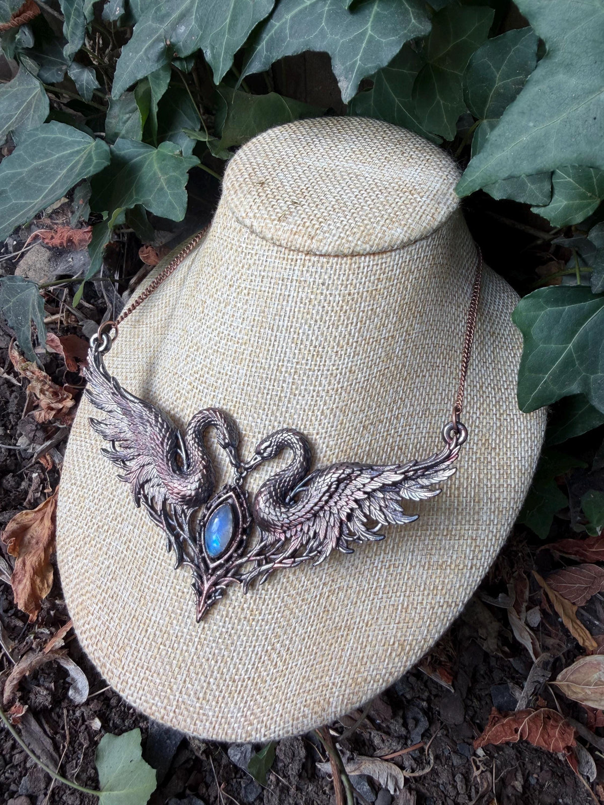 Twin Swan Collar Necklace • Rainbow Moonstone • Electroformed Copper Statement Necklace
