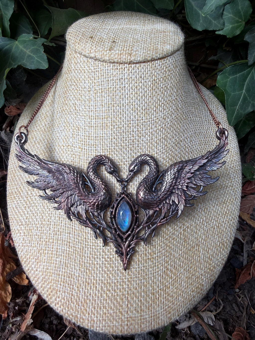Twin Swan Collar Necklace • Rainbow Moonstone • Electroformed Copper Statement Necklace