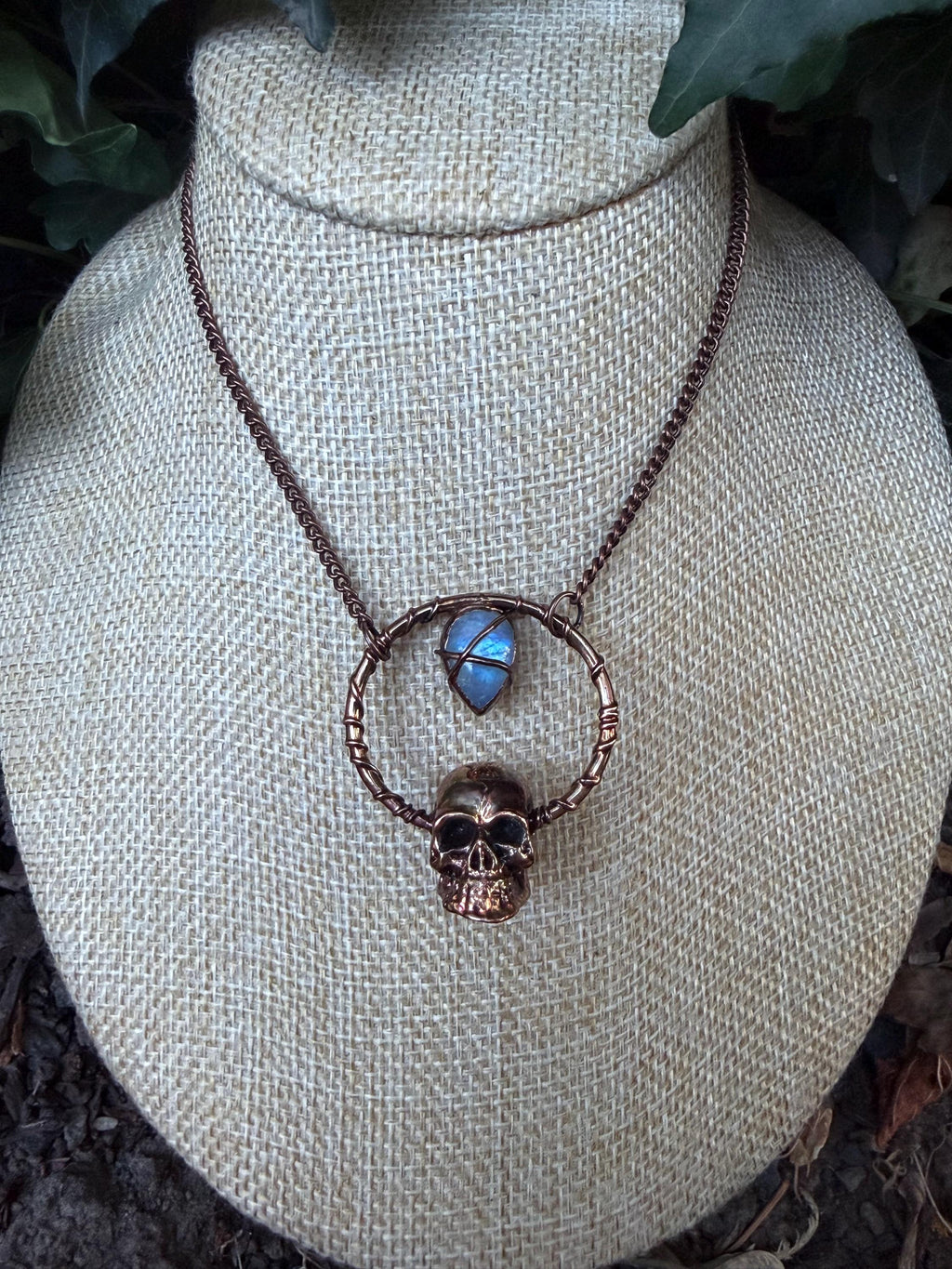 Moonstone Skull Talisman Necklace • Electroformed Copper Circle Pendant • Gothic Crystal Jewelry