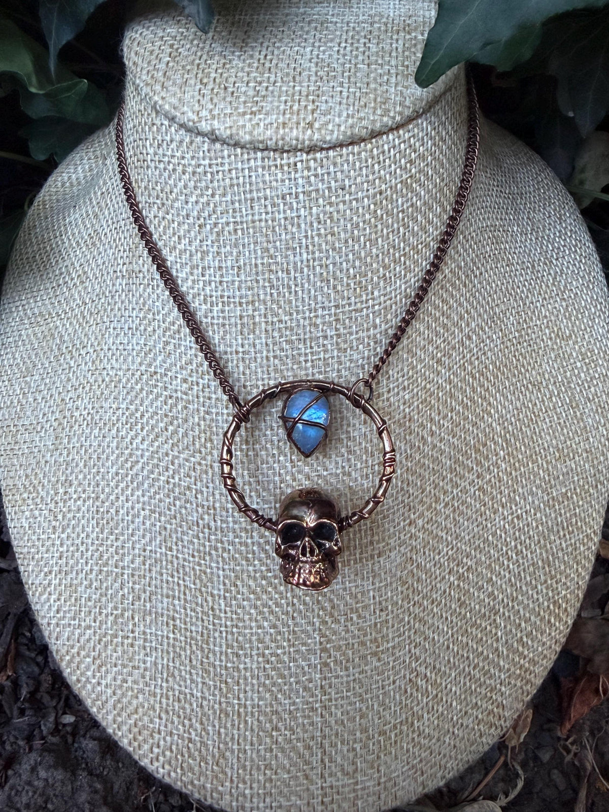 Moonstone Skull Talisman Necklace • Electroformed Copper Circle Pendant • Gothic Crystal Jewelry