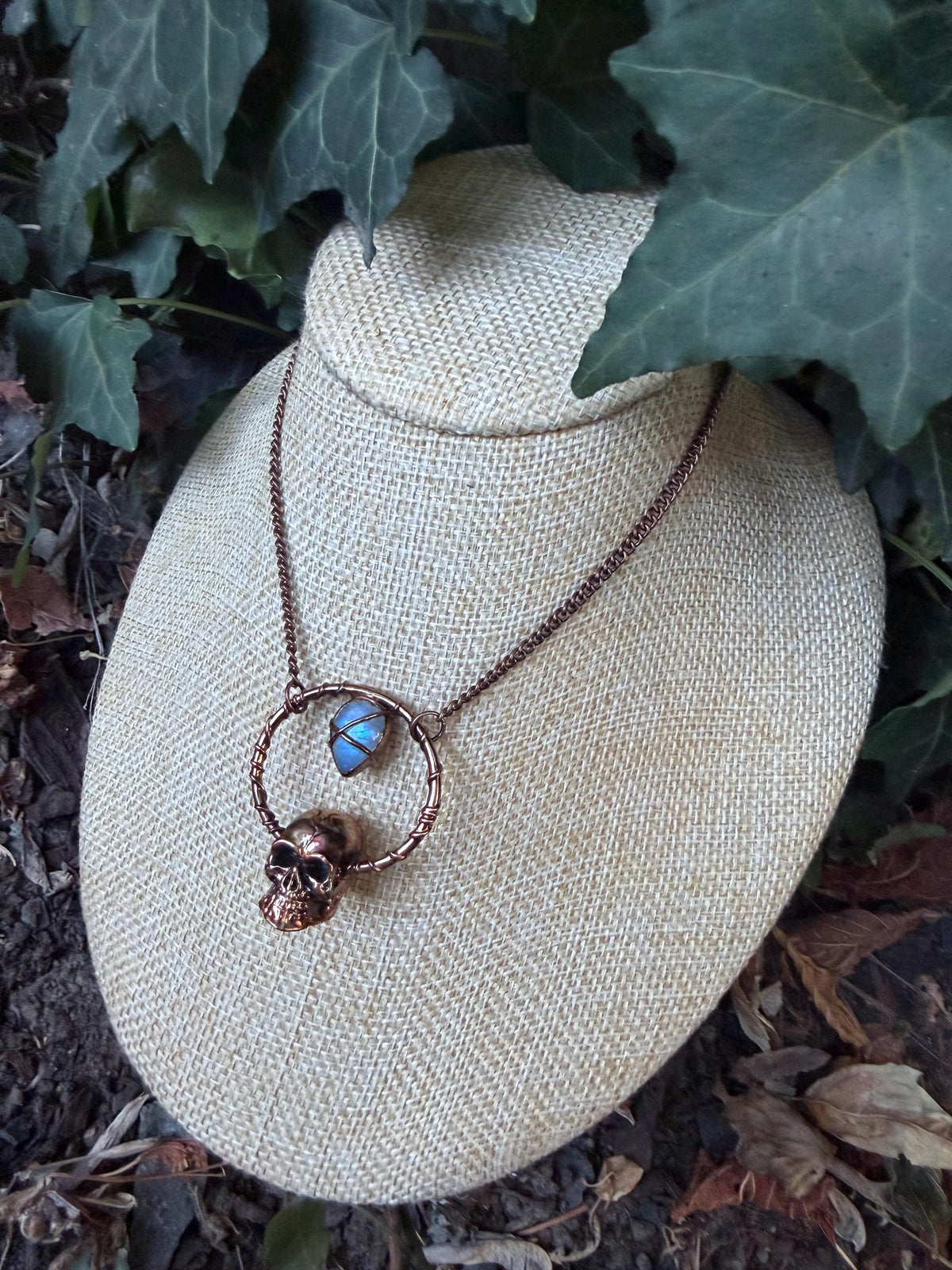Moonstone Skull Talisman Necklace • Electroformed Copper Circle Pendant • Gothic Crystal Jewelry