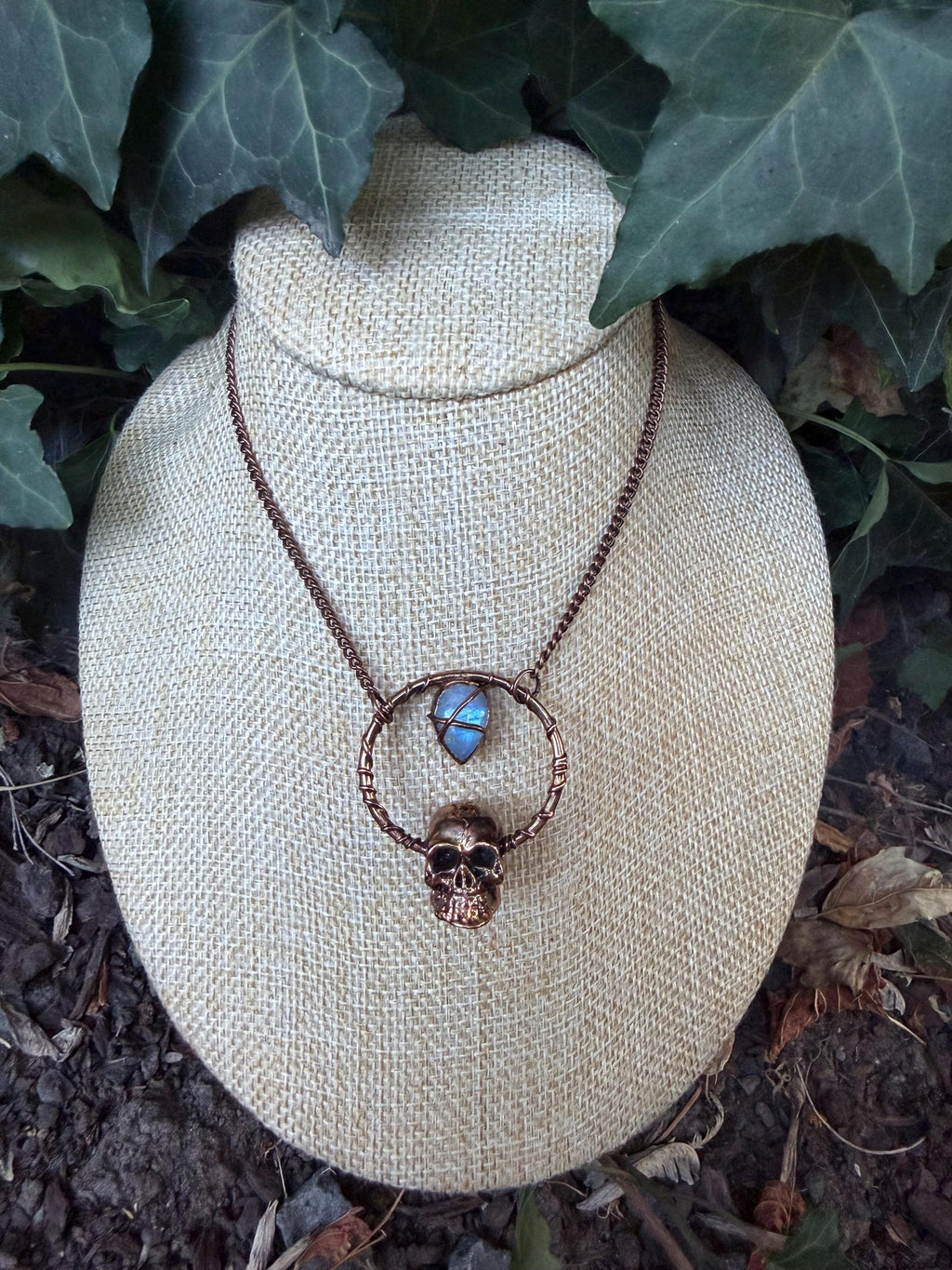 Moonstone Skull Talisman Necklace • Electroformed Copper Circle Pendant • Gothic Crystal Jewelry