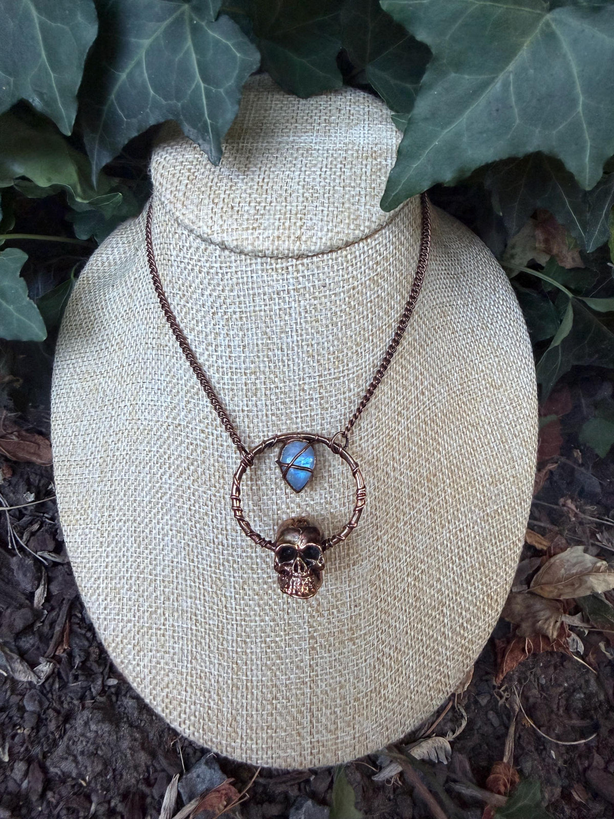Moonstone Skull Talisman Necklace • Electroformed Copper Circle Pendant • Gothic Crystal Jewelry