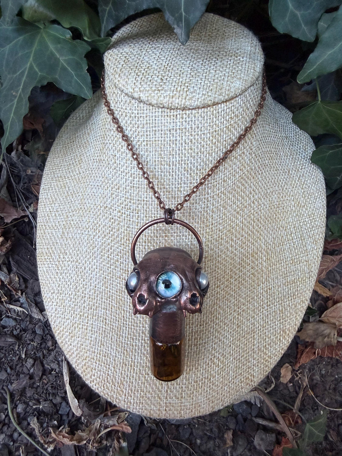 Two-Faced Cat Skull Necklace • Crystal Potion Bottle • Electroformed Copper Oddity Jewelry