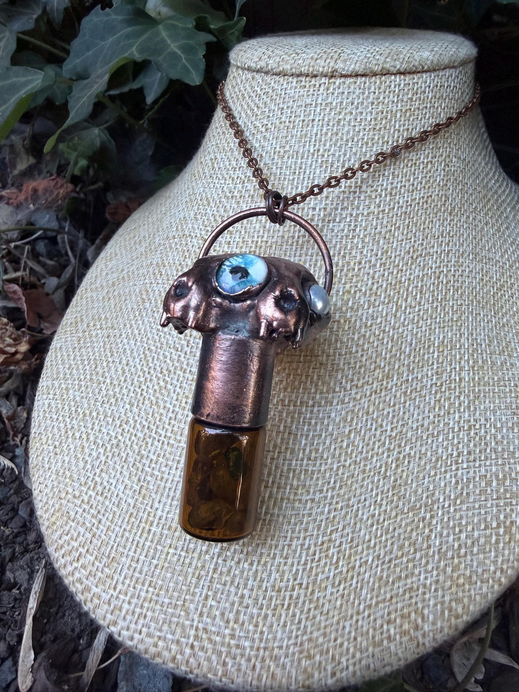 Two-Faced Cat Skull Necklace • Crystal Potion Bottle • Electroformed Copper Oddity Jewelry
