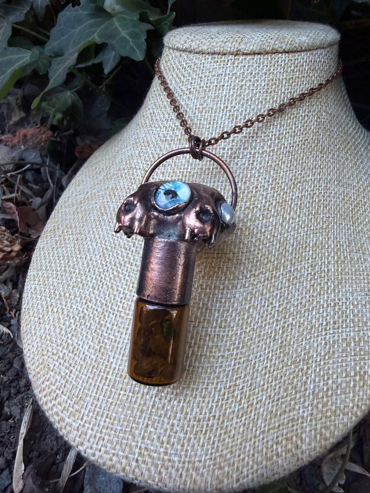 Two-Faced Cat Skull Necklace • Crystal Potion Bottle • Electroformed Copper Oddity Jewelry