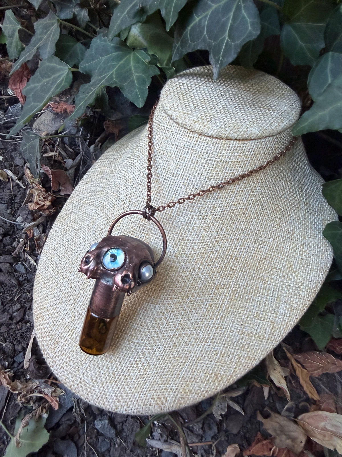 Two-Faced Cat Skull Necklace • Crystal Potion Bottle • Electroformed Copper Oddity Jewelry