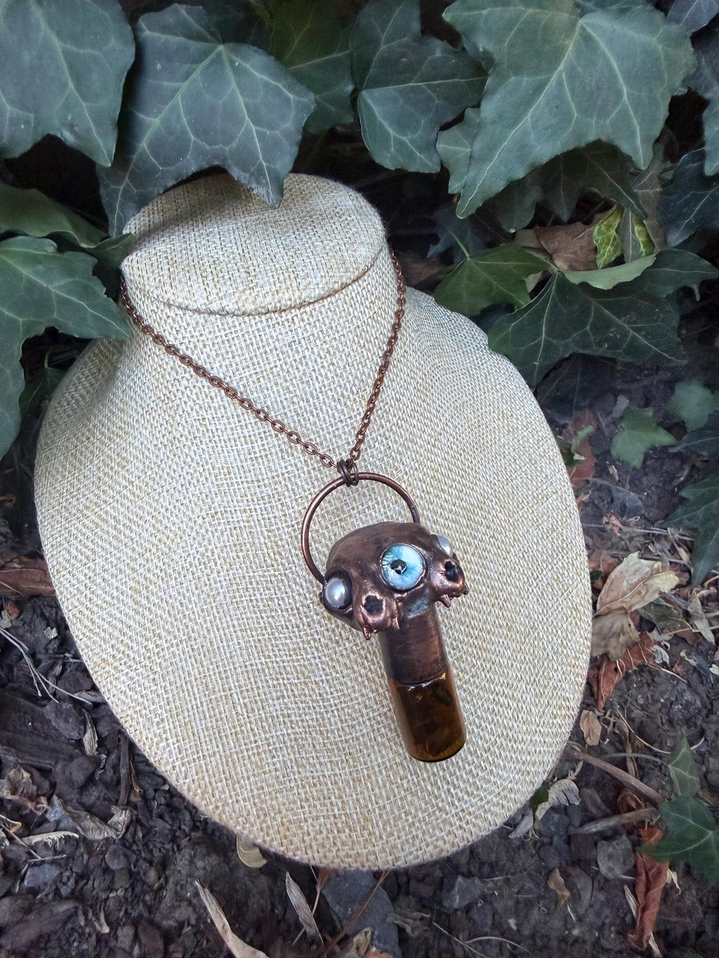 Two-Faced Cat Skull Necklace • Crystal Potion Bottle • Electroformed Copper Oddity Jewelry