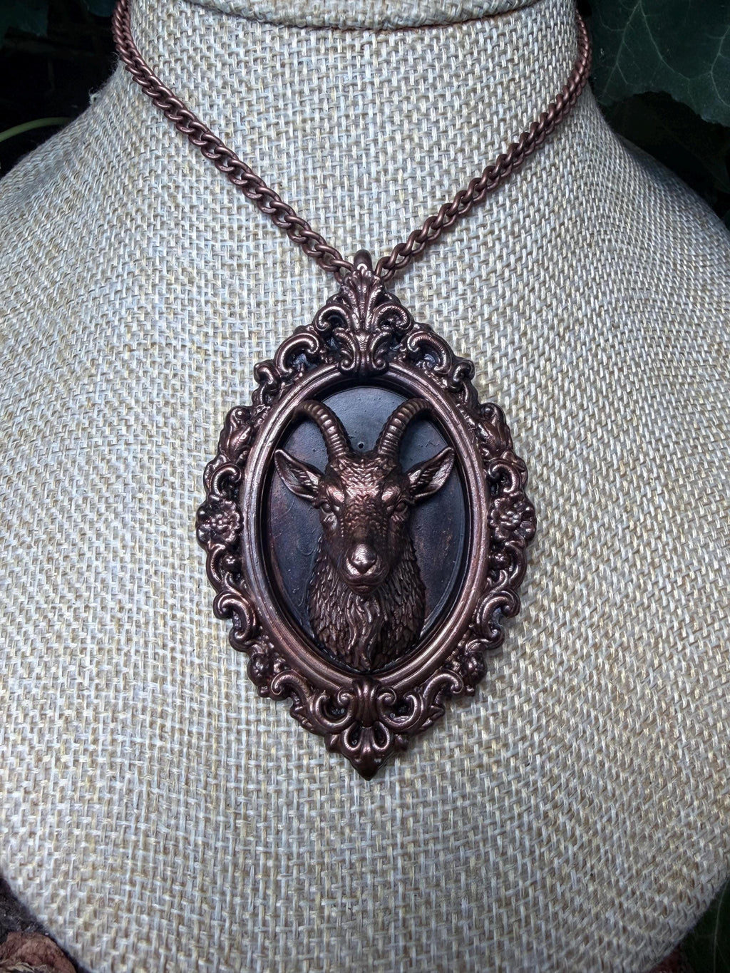 Goat Taxidermy Portrait Necklace • Electroformed Copper • Ornate Gothic Oddity Pendant