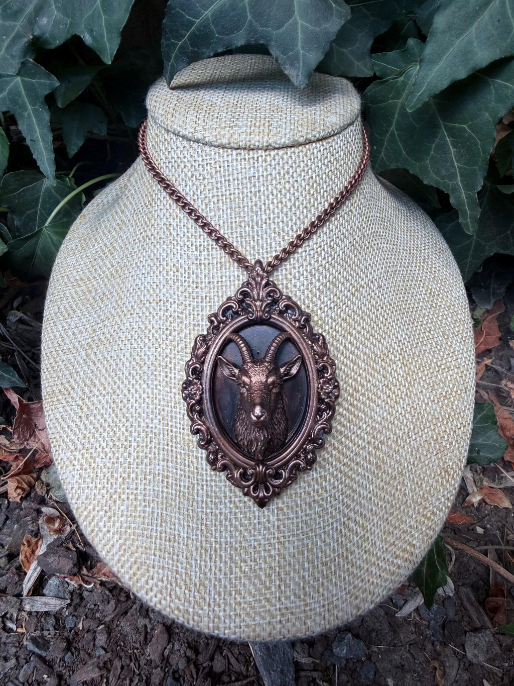 Goat Taxidermy Portrait Necklace • Electroformed Copper • Ornate Gothic Oddity Pendant