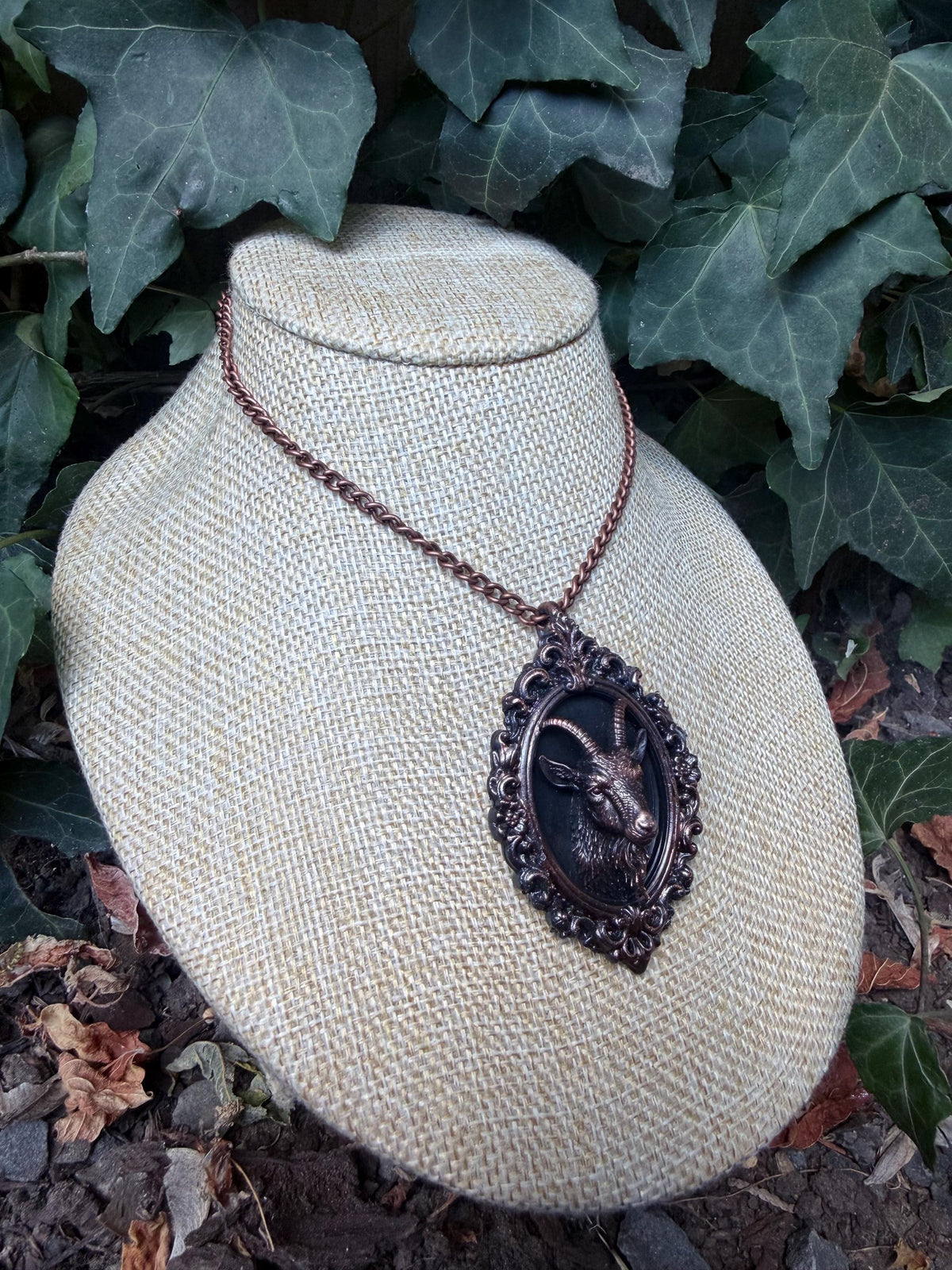 Mini Goat Taxidermy Necklace • Electroformed Copper • Gothic Oddity Portrait Pendant