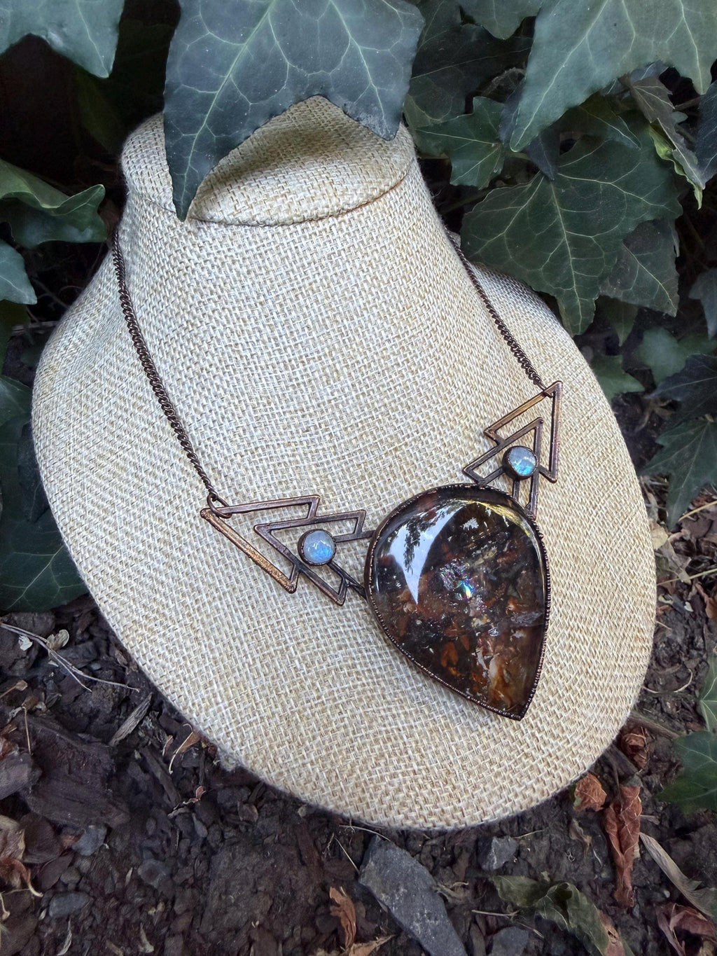 Garden Quartz Pendant • Rainbow Moonstones • Electroformed Copper • Statement Necklace