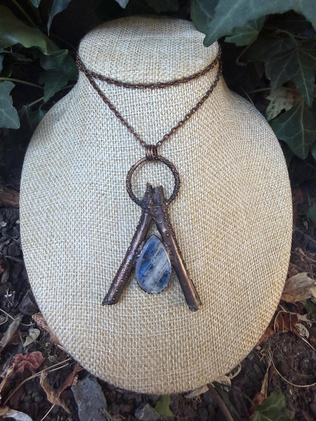 Moonstone Wishbone Necklace • Electroformed Copper Twigs Pendant • Gothic Oddity Jewelry