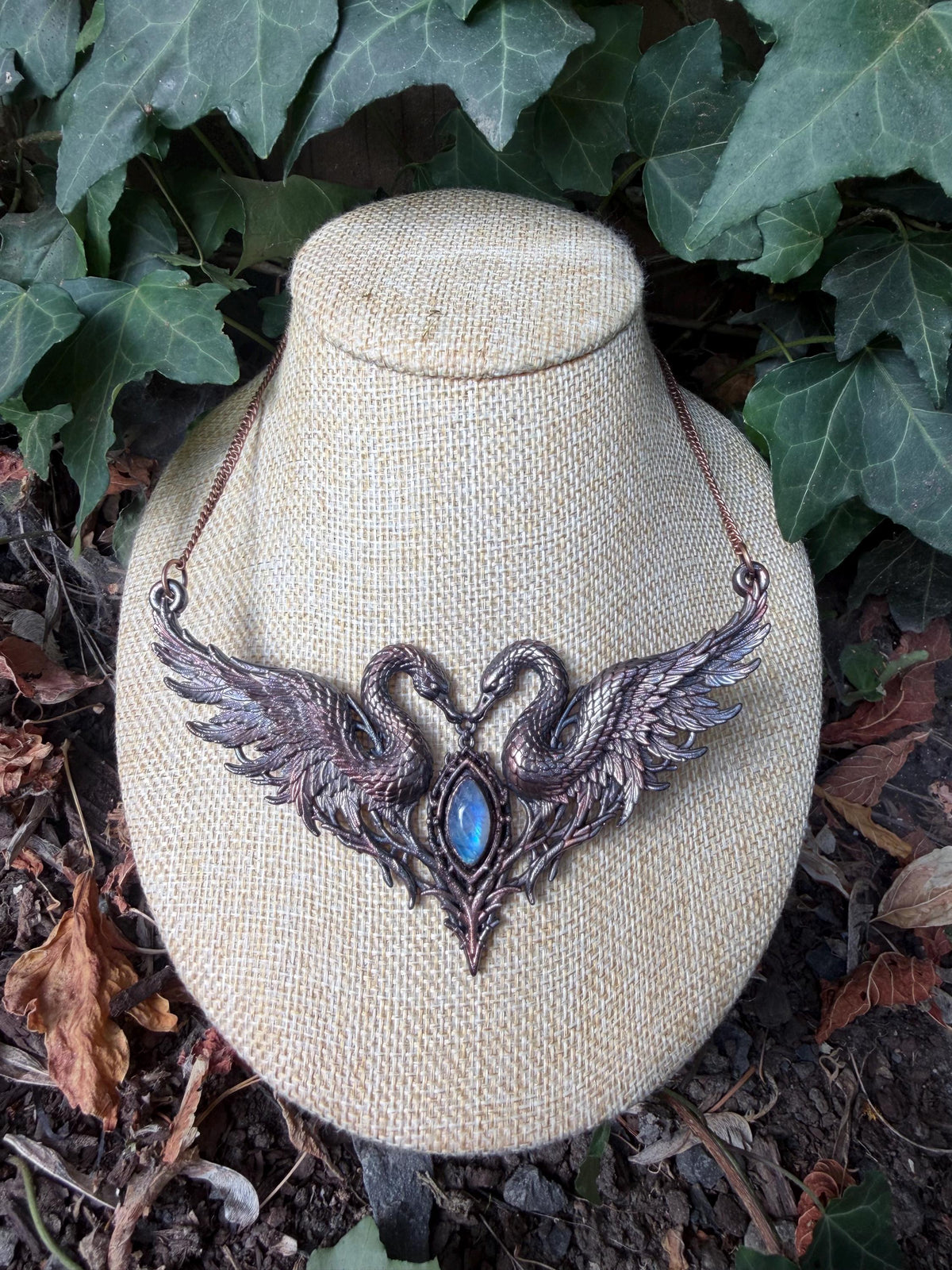Twin Swan Collar Necklace • Rainbow Moonstone • Electroformed Copper Statement Necklace