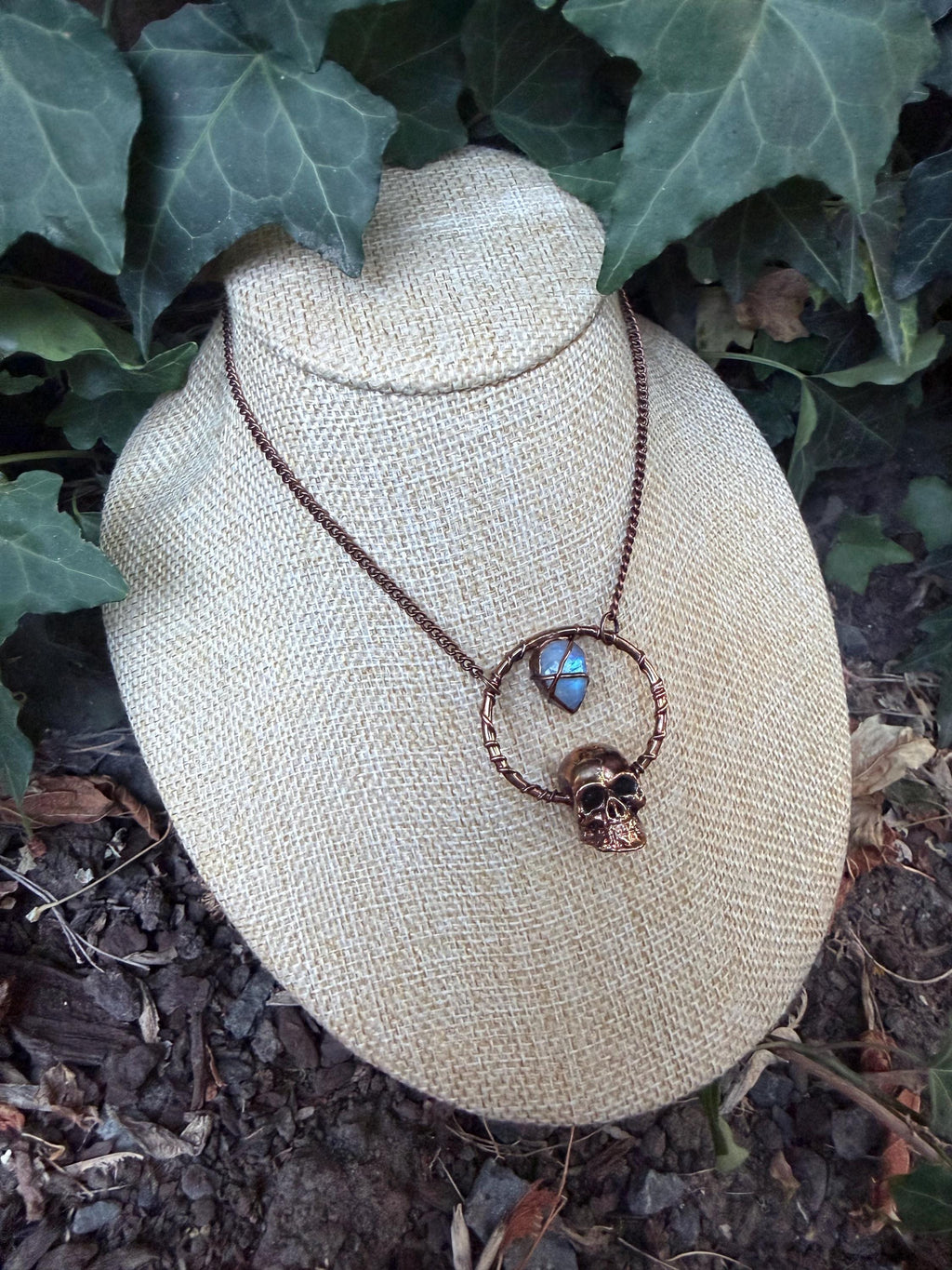 Moonstone Skull Talisman Necklace • Electroformed Copper Circle Pendant • Gothic Crystal Jewelry