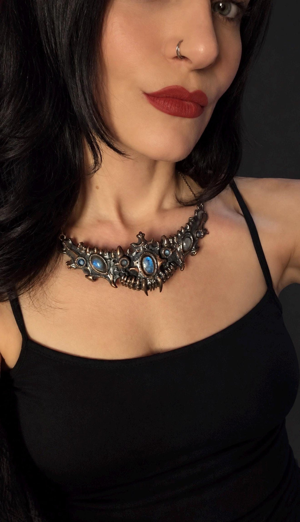 Seven Rainbow Moonstone Statement Necklace • Electroformed Copper Collar • High Flash Moonstone • One of a Kind
