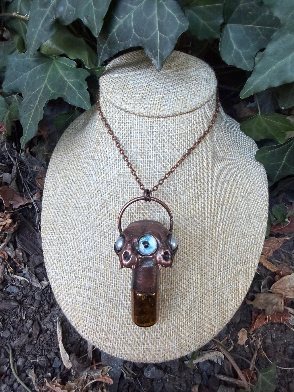 Two-Faced Cat Skull Necklace • Crystal Potion Bottle • Electroformed Copper Oddity Jewelry