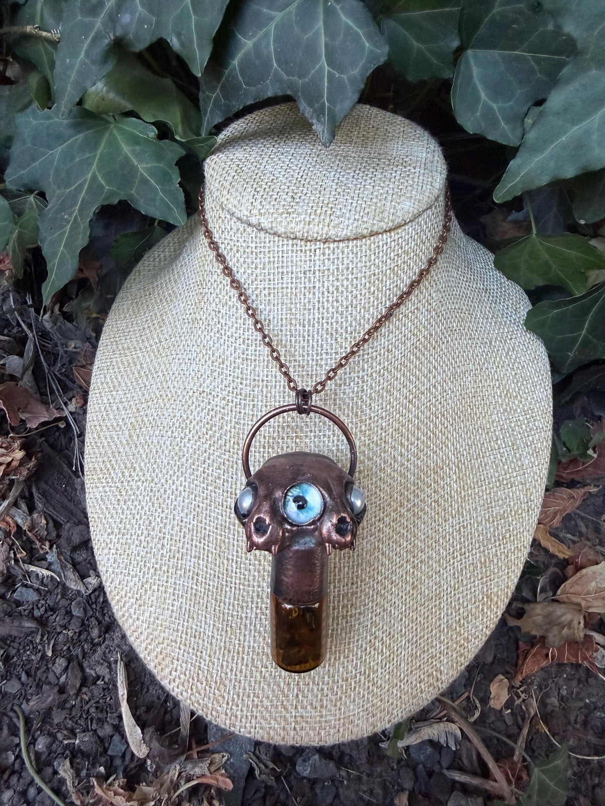 Two-Faced Cat Skull Necklace • Crystal Potion Bottle • Electroformed Copper Oddity Jewelry