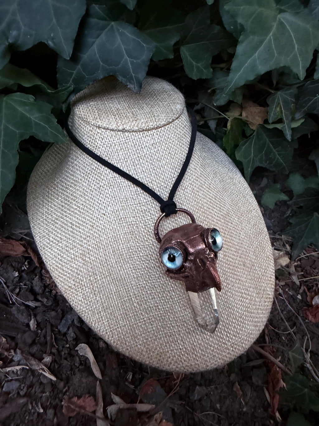 Owl Skull Necklace • Clear Quartz Crystal • Blue Eyes • Electroformed Copper Oddity Pendant