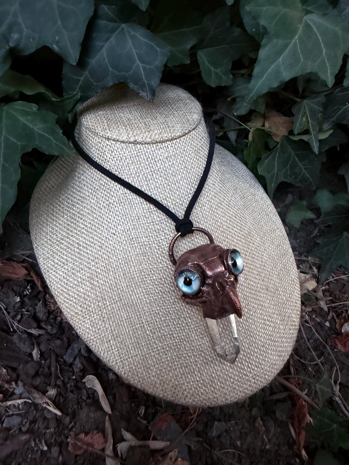 Owl Skull Necklace • Clear Quartz Crystal • Blue Eyes • Electroformed Copper Oddity Pendant