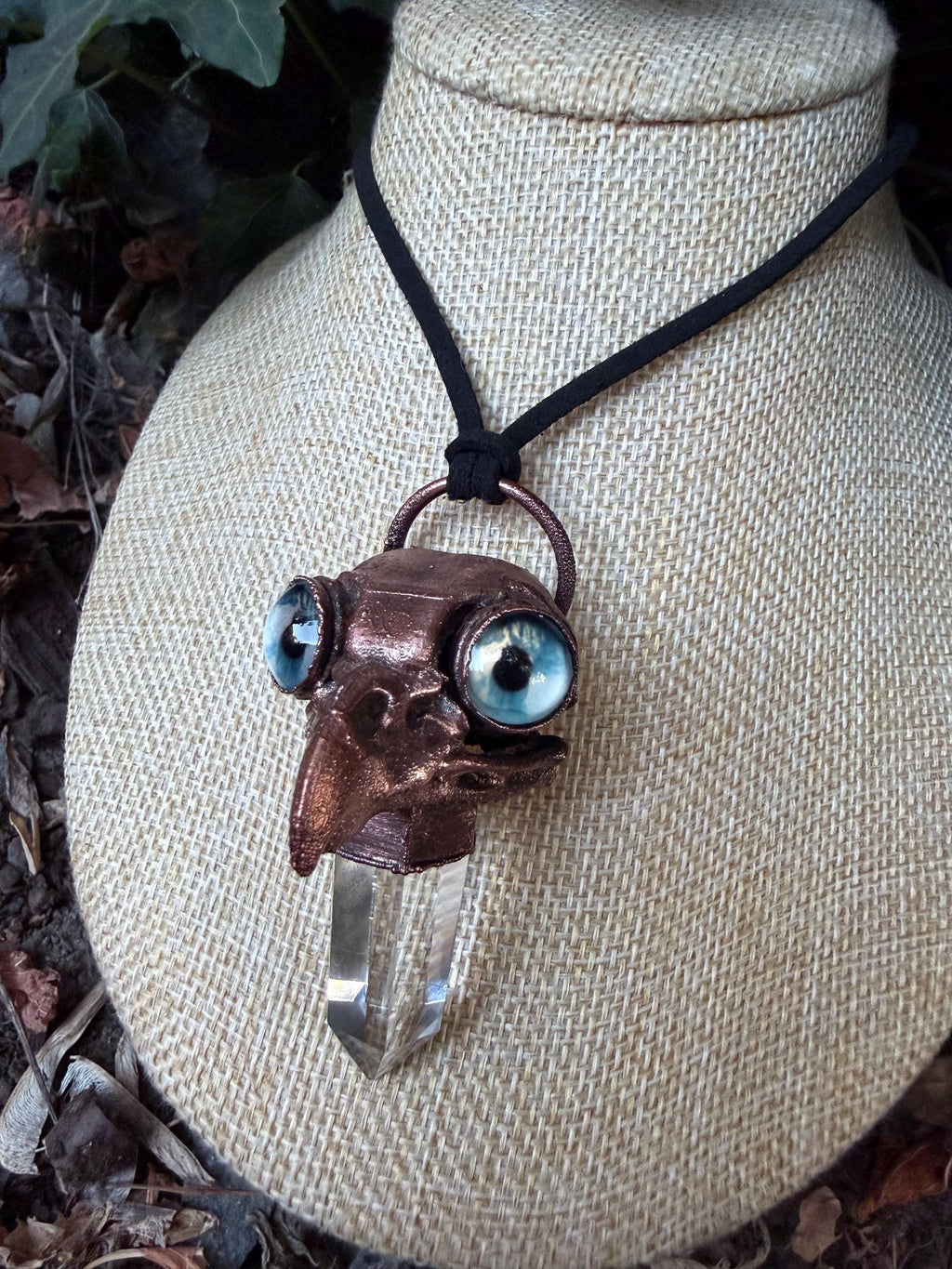 Owl Skull Necklace • Clear Quartz Crystal • Blue Eyes • Electroformed Copper Oddity Pendant
