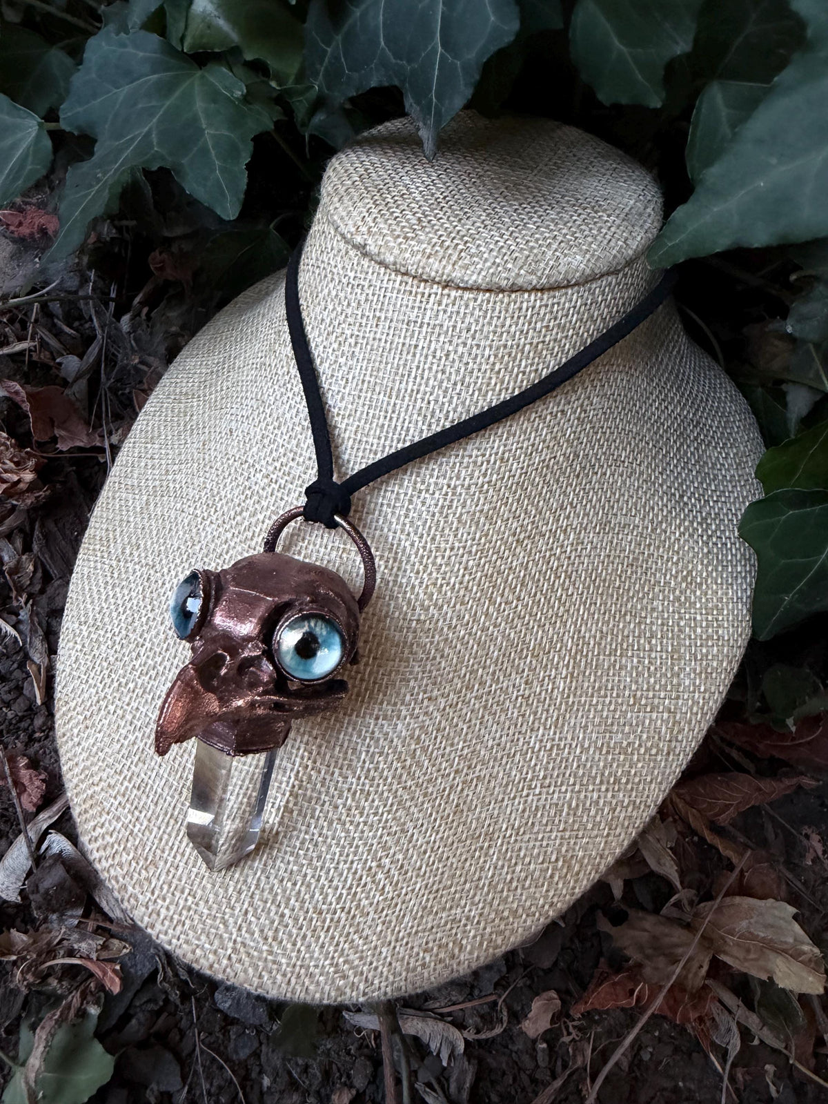 Owl Skull Necklace • Clear Quartz Crystal • Blue Eyes • Electroformed Copper Oddity Pendant