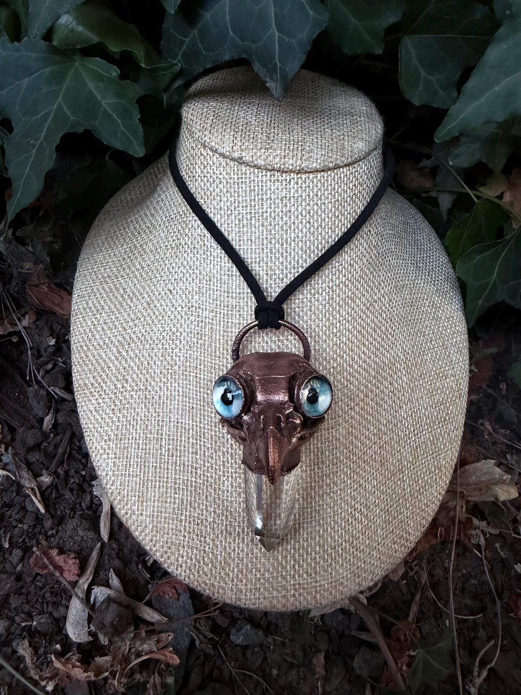 Owl Skull Necklace • Clear Quartz Crystal • Blue Eyes • Electroformed Copper Oddity Pendant