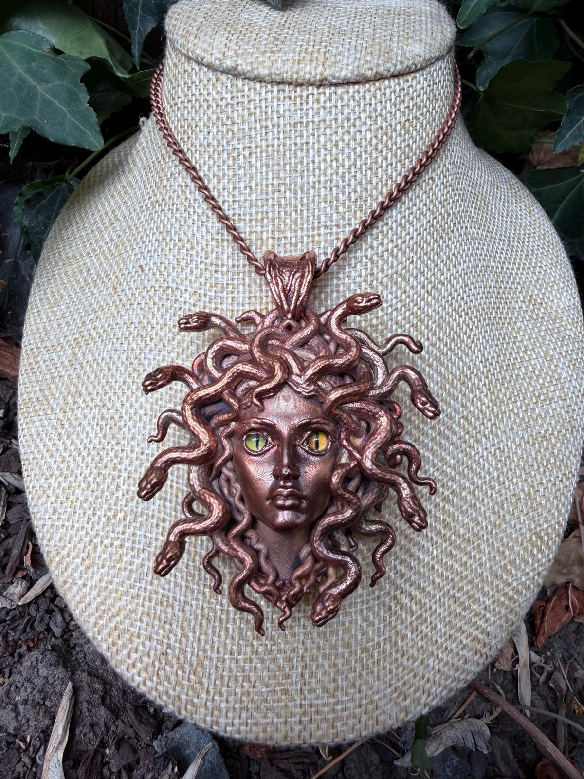 Medusa Necklace • Mismatched Green/Amber Cat Eye Pendant • Electroformed Copper • Greek Mythology Jewelry • Snake Goddess Statement Necklace