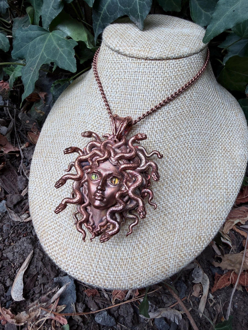 Medusa Necklace • Mismatched Green/Amber Cat Eye Pendant • Electroformed Copper • Greek Mythology Jewelry • Snake Goddess Statement Necklace