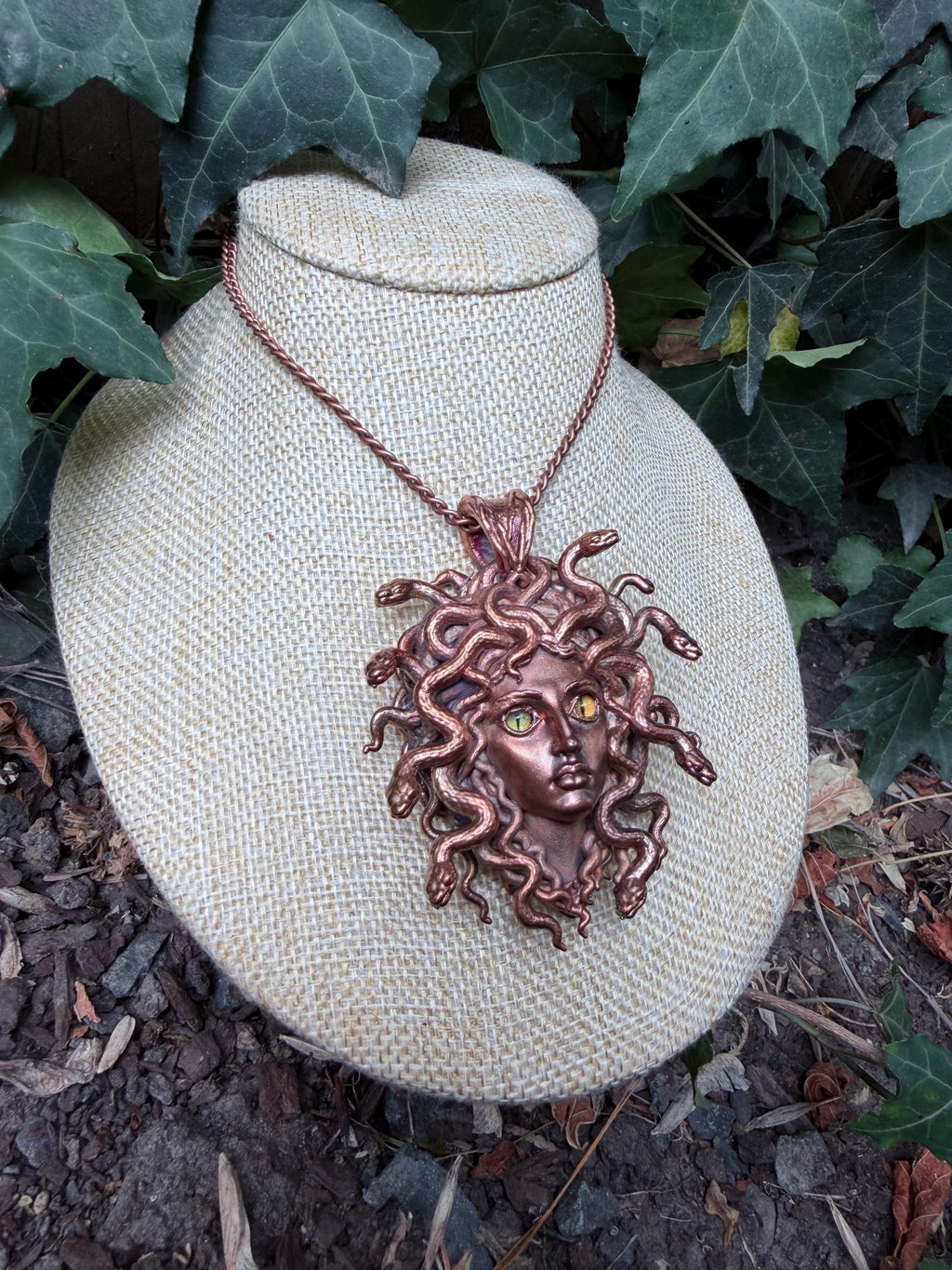 Medusa Necklace • Mismatched Green/Amber Cat Eye Pendant • Electroformed Copper • Greek Mythology Jewelry • Snake Goddess Statement Necklace