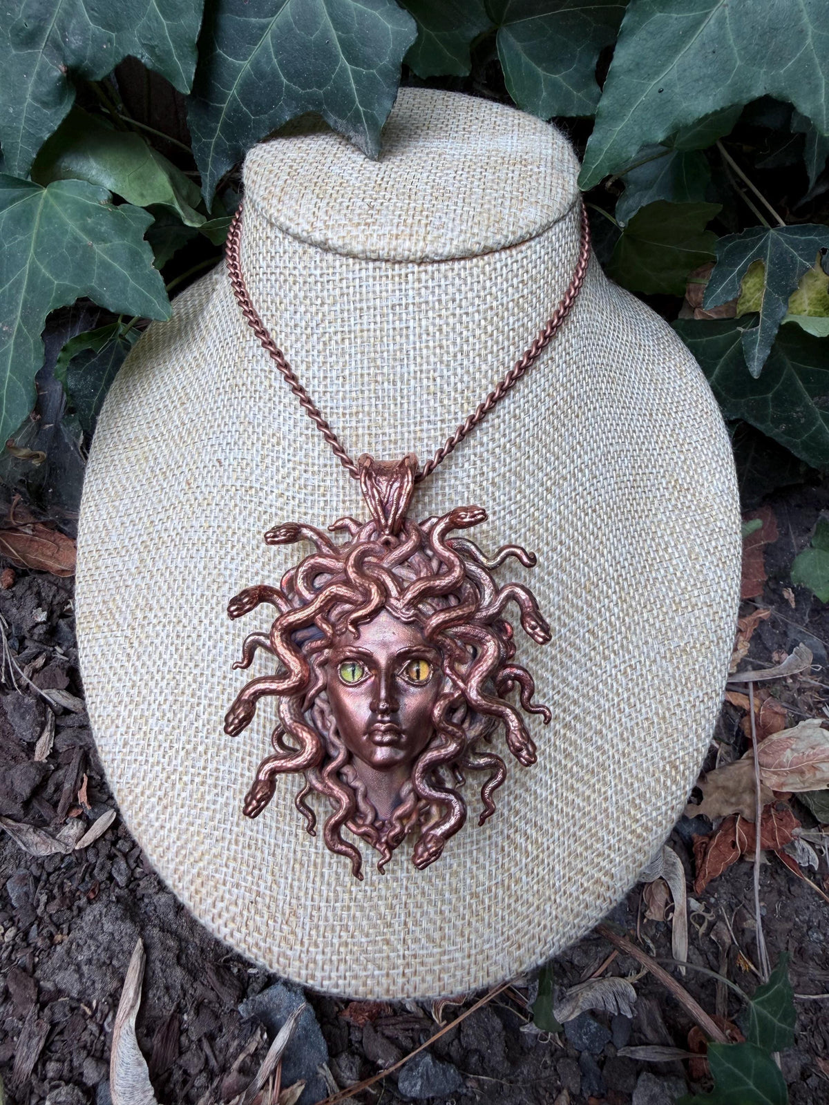 Medusa Necklace • Mismatched Green/Amber Cat Eye Pendant • Electroformed Copper • Greek Mythology Jewelry • Snake Goddess Statement Necklace