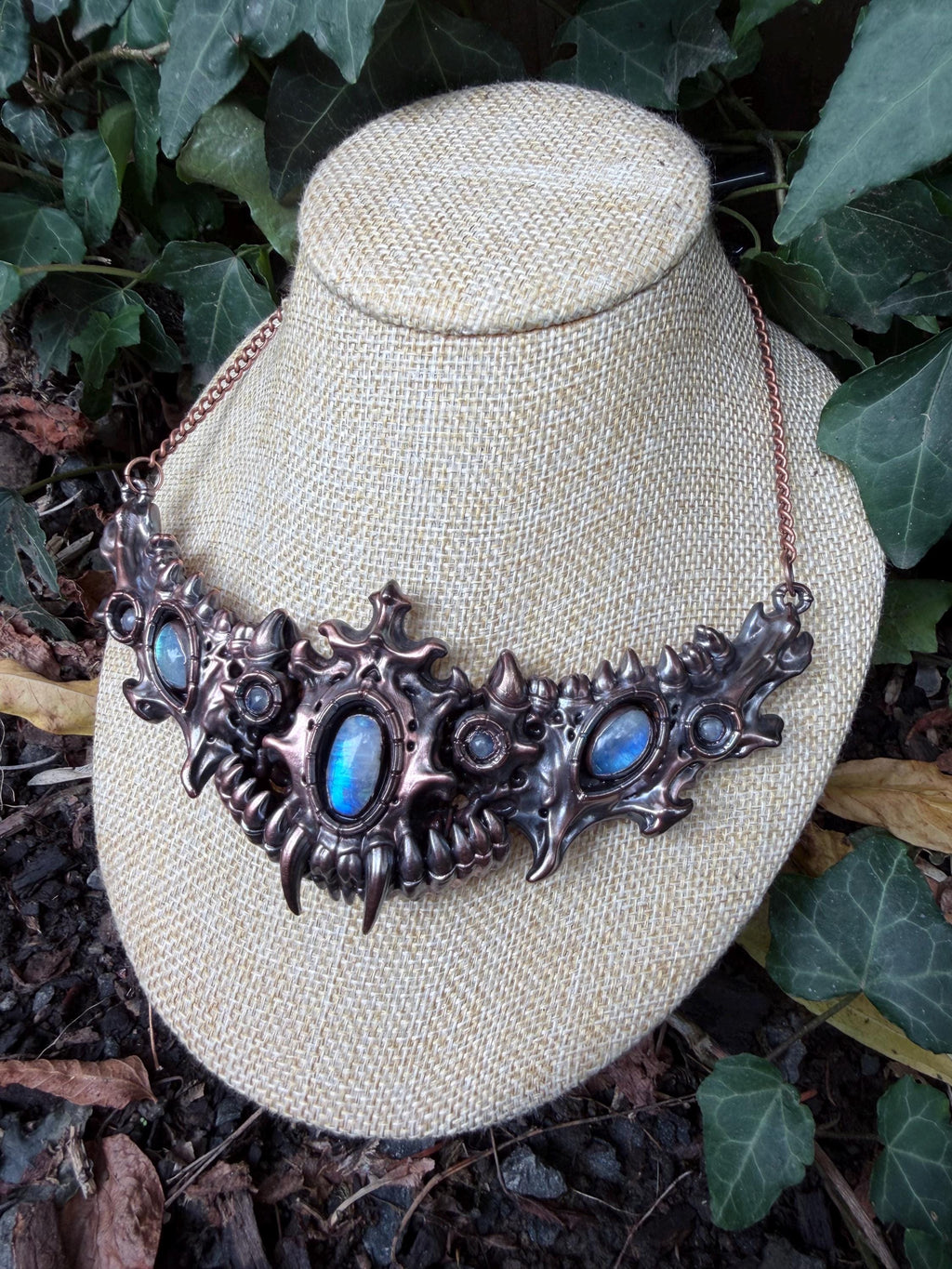 Seven Rainbow Moonstone Statement Necklace • Electroformed Copper Collar • High Flash Moonstone • One of a Kind