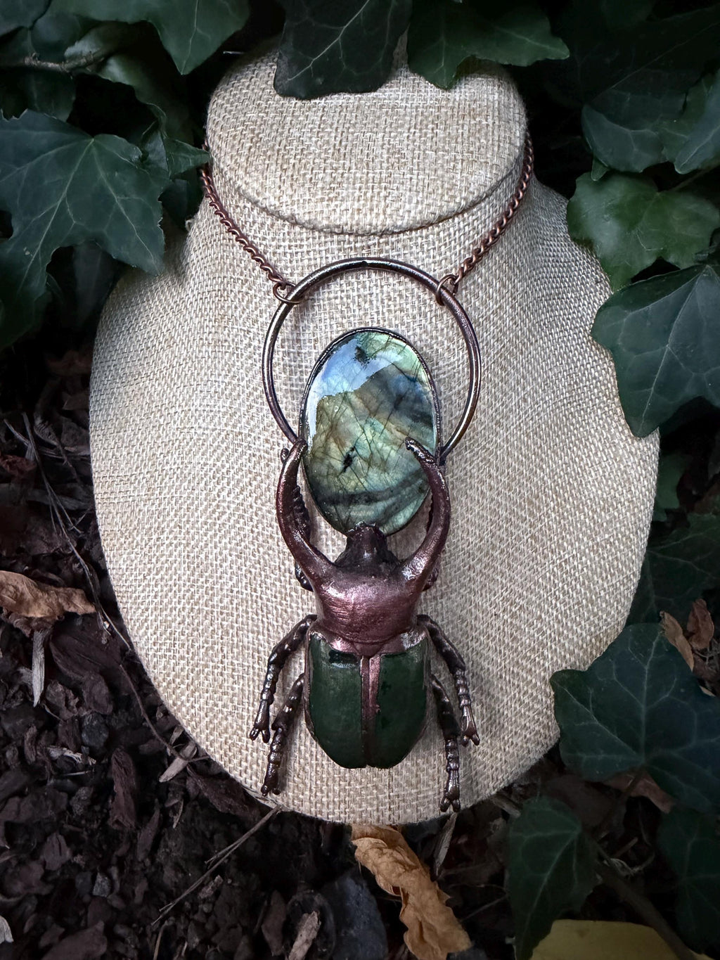 Stag Beetle • Electroformed Labradorite Copper Pendant