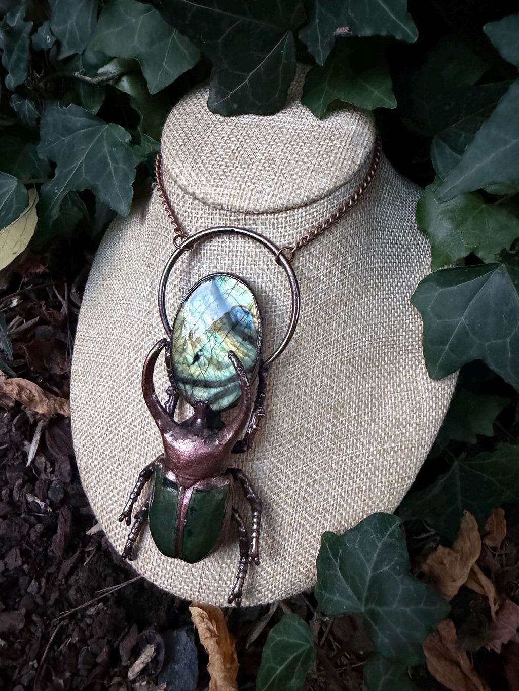 Stag Beetle • Electroformed Labradorite Copper Pendant