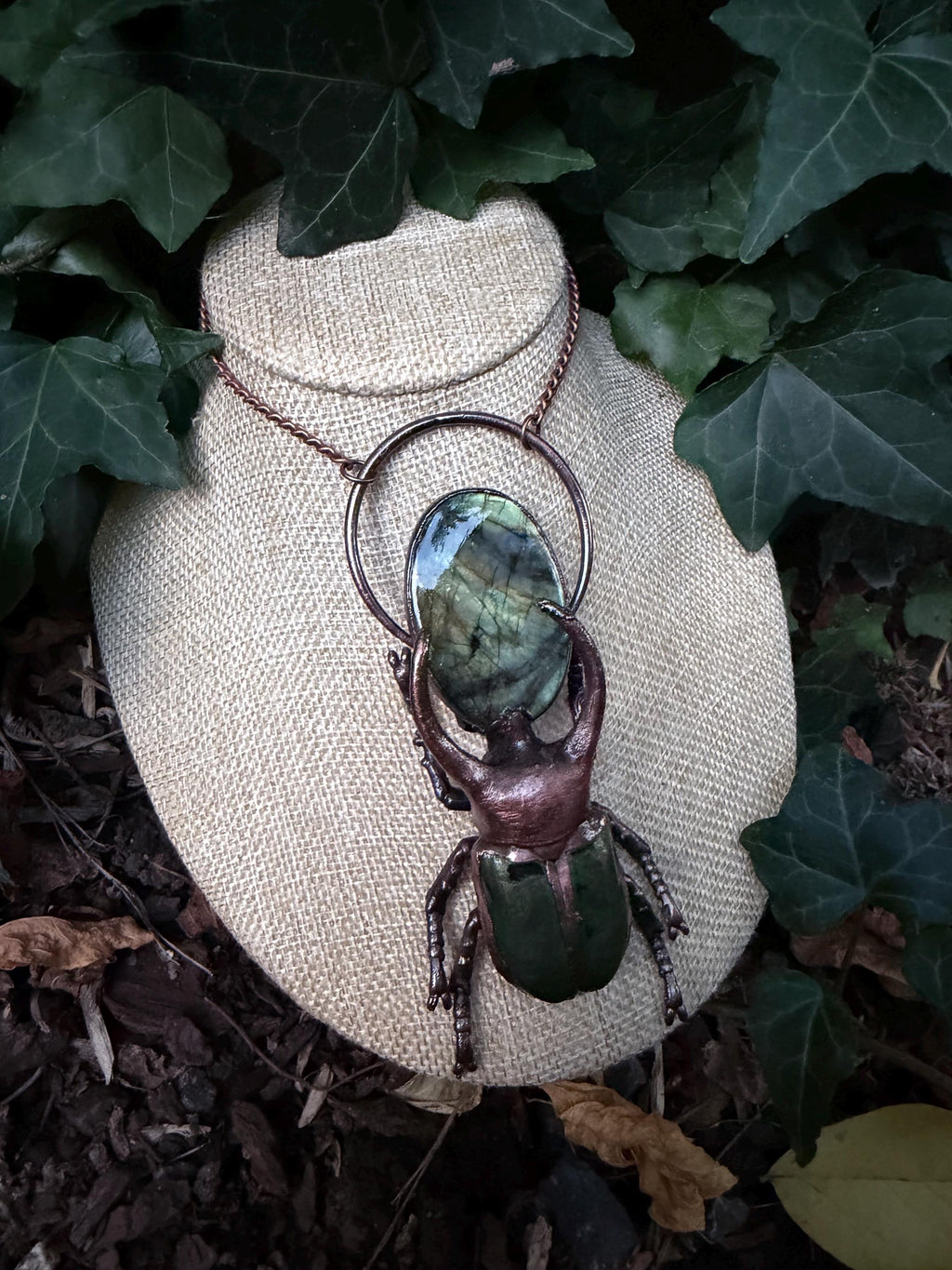 Stag Beetle • Electroformed Labradorite Copper Pendant