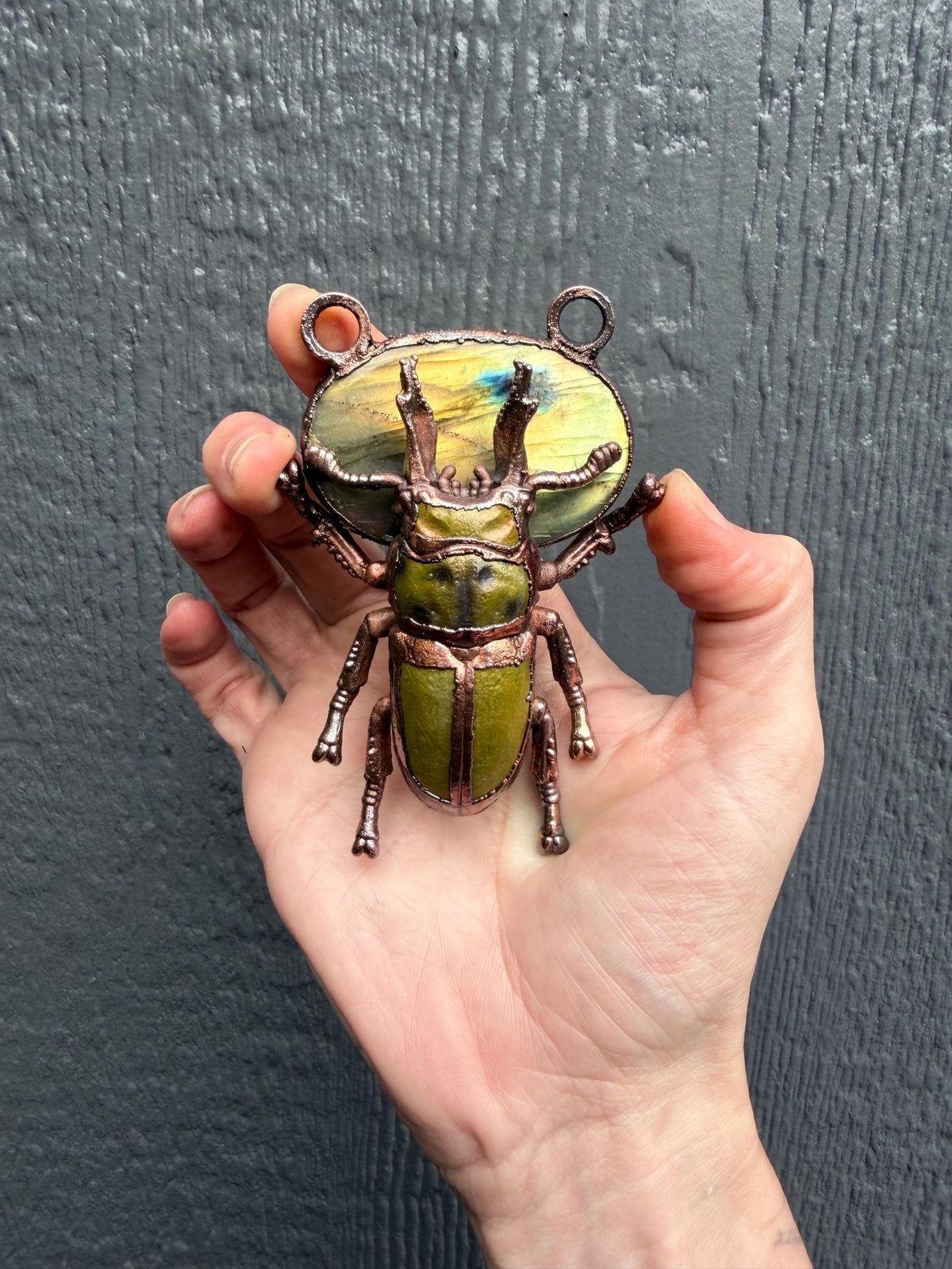 Electroformed Stag Beetle · Labradorite Statement Pendant