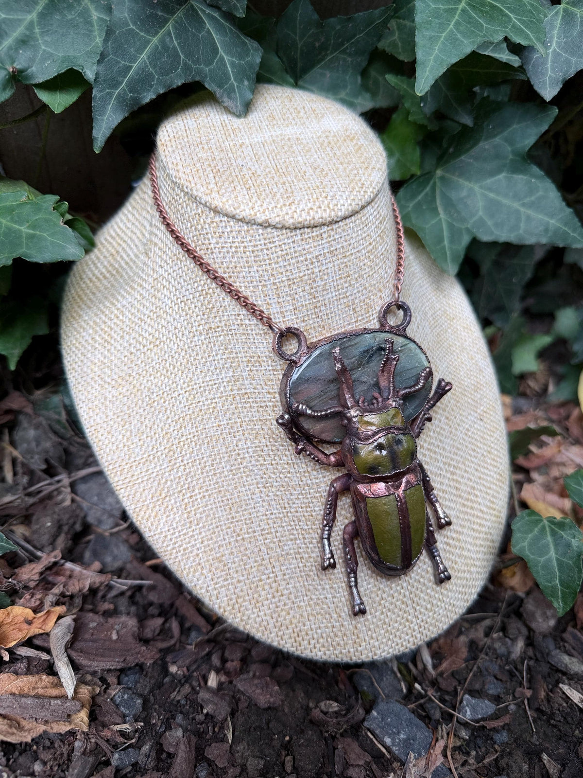 Electroformed Stag Beetle · Labradorite Statement Pendant