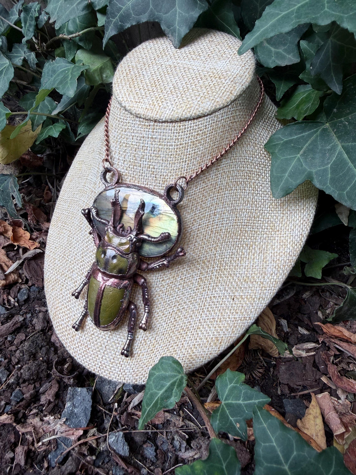 Electroformed Stag Beetle · Labradorite Statement Pendant